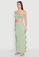 Womens Metallic Notch Neck Contrast Trim Crop Top, Green, Size S