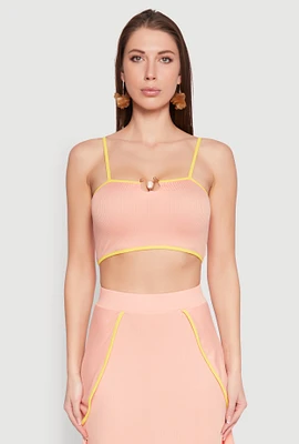 Womens Metallic Notch Neck Contrast Trim Crop Top, Pink, Size S