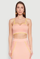 Womens Metallic Notch Neck Contrast Trim Crop Top, Pink, Size S
