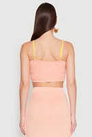 Womens Metallic Notch Neck Contrast Trim Crop Top, Pink, Size S