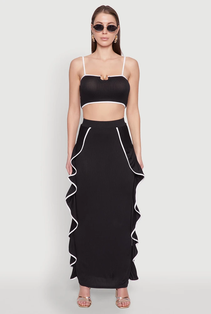 Womens Contrast Trim Side Ruffle Maxi Skirt, Black, Size S