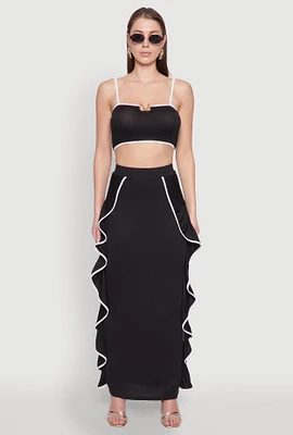 Womens Contrast Trim Side Ruffle Maxi Skirt, Black, Size S