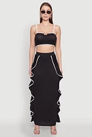Womens Contrast Trim Side Ruffle Maxi Skirt, Black, Size S