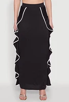 Womens Contrast Trim Side Ruffle Maxi Skirt, Black, Size S