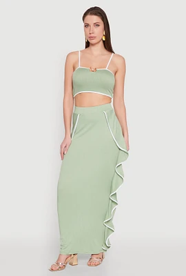Womens Contrast Trim Side Ruffle Maxi Skirt, Green, Size M