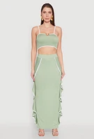 Womens Contrast Trim Side Ruffle Maxi Skirt, Green, Size M