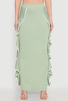 Womens Contrast Trim Side Ruffle Maxi Skirt, Green, Size M