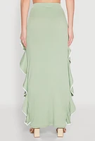 Womens Contrast Trim Side Ruffle Maxi Skirt, Green, Size M