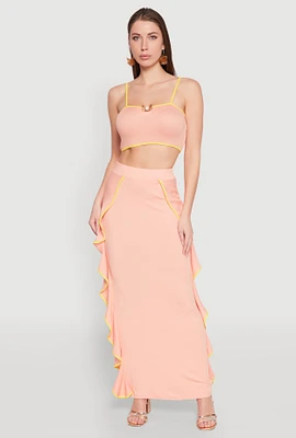 Womens Contrast Trim Side Ruffle Maxi Skirt, Pink, Size M