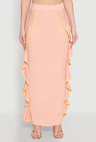 Womens Contrast Trim Side Ruffle Maxi Skirt, Pink, Size M