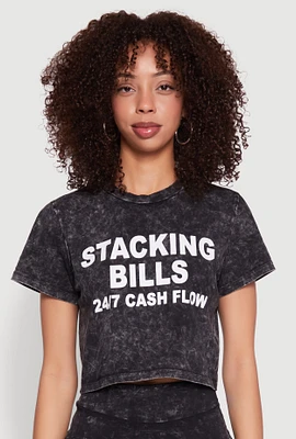 Womens Trendy Mineral Wash Stacking Bills Graphic Crop Top, Black, Size XL