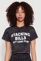 Womens Trendy Mineral Wash Stacking Bills Graphic Crop Top, Black, Size XL