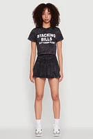 Womens Trendy Mineral Wash Stacking Bills Graphic Crop Top, Black, Size XL