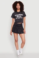 Womens Trendy Mineral Wash Stacking Bills Graphic Crop Top, Black, Size XL