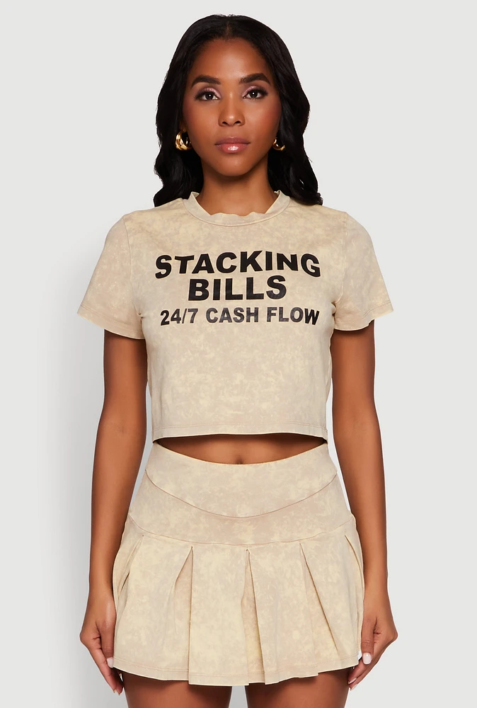 Womens Trendy Mineral Wash Stacking Bills Graphic Crop Top, Beige,