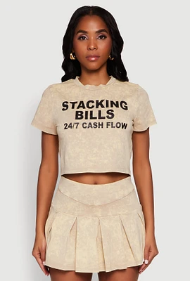 Womens Trendy Mineral Wash Stacking Bills Graphic Crop Top, Beige,