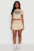 Womens Trendy Mineral Wash Stacking Bills Graphic Crop Top, Beige,