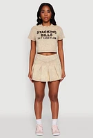 Womens Trendy Mineral Wash Stacking Bills Graphic Crop Top, Beige,
