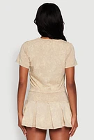 Womens Trendy Mineral Wash Stacking Bills Graphic Crop Top, Beige,