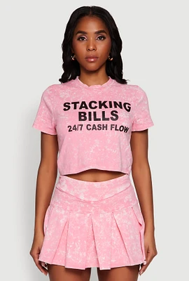 Womens Trendy Mineral Wash Stacking Bills Graphic Crop Top, Pink, Size M