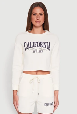 Womens California Embroidered Cropped Sweatshirt, White, Size S