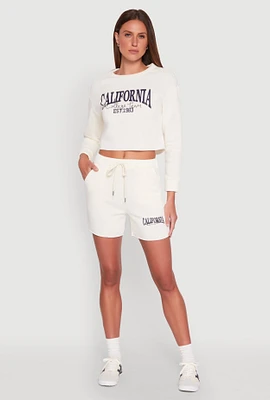 Womens California Embroidered Sweatshorts, White, Size XL