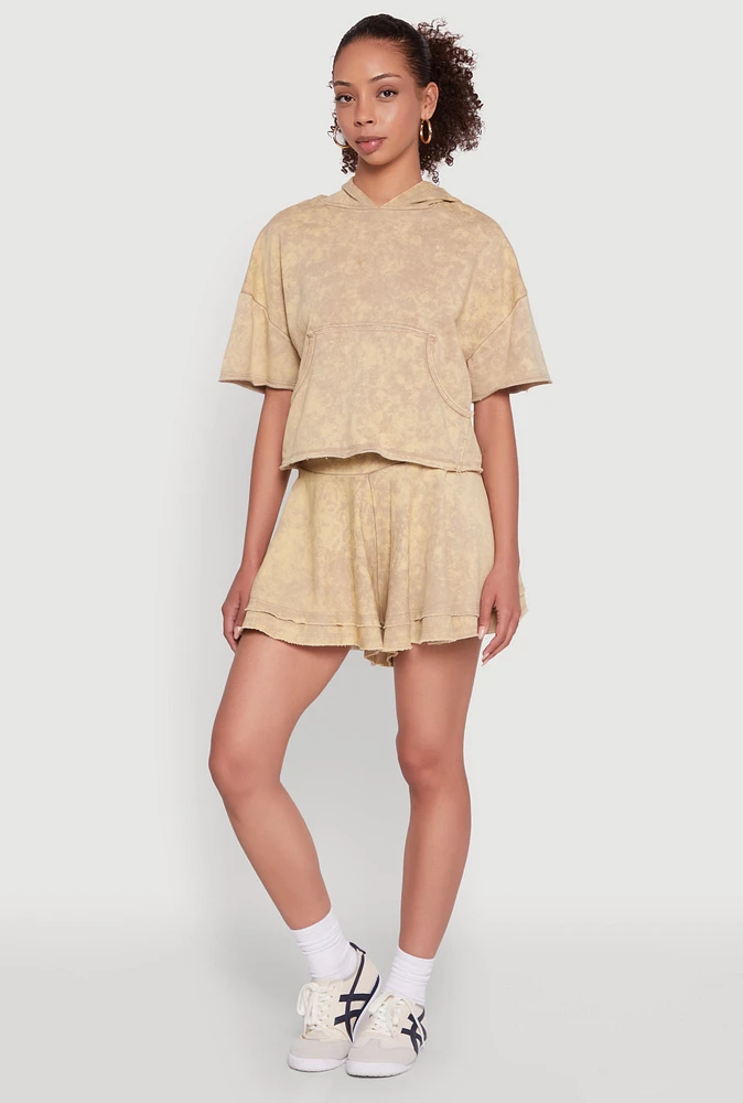 Womens Trendy Mineral Wash Ruffle Tiered High Waisted Shorts, Khaki,