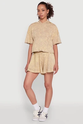 Womens Trendy Mineral Wash Ruffle Tiered High Waisted Shorts, Khaki,
