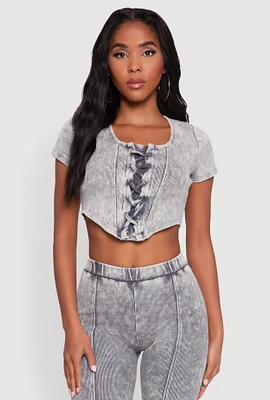 Womens Mineral Wash Lace Up Detail Crop Top, Grey,