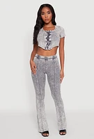 Womens Mineral Wash Lace Up Detail Crop Top, Grey,