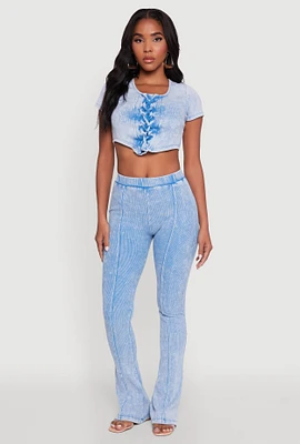 Womens Mineral Wash Pintuck Flare Pants, Blue,