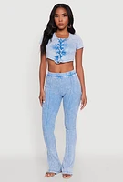 Womens Mineral Wash Pintuck Flare Pants, Blue,