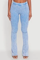 Womens Mineral Wash Pintuck Flare Pants, Blue,