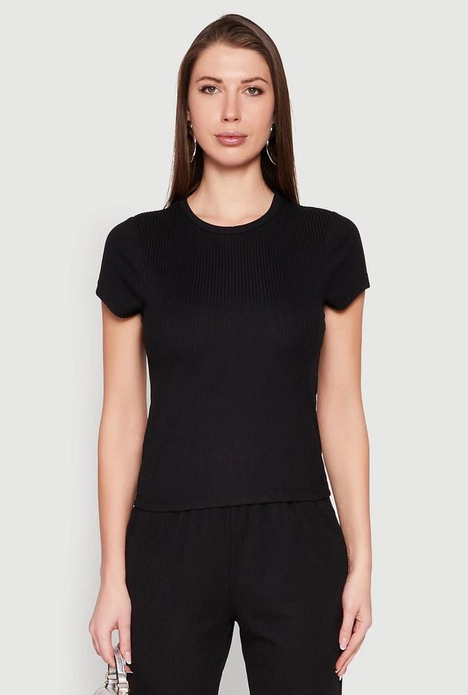Womens Ribbed Knit Short Sleeve Tee,
