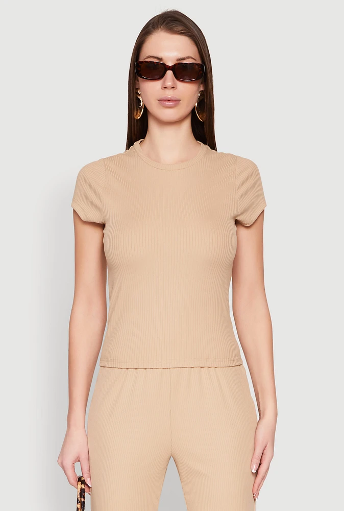 Womens Ribbed Knit Short Sleeve Tee,