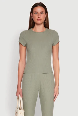 Womens Ribbed Knit Short Sleeve Tee, Green,