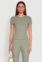 Womens Ribbed Knit Short Sleeve Tee, Green,