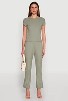 Womens Ribbed Knit Short Sleeve Tee, Green,
