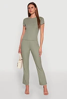 Womens Ribbed Knit Short Sleeve Tee, Green,