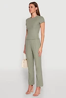 Womens Ribbed Knit Short Sleeve Tee, Green,