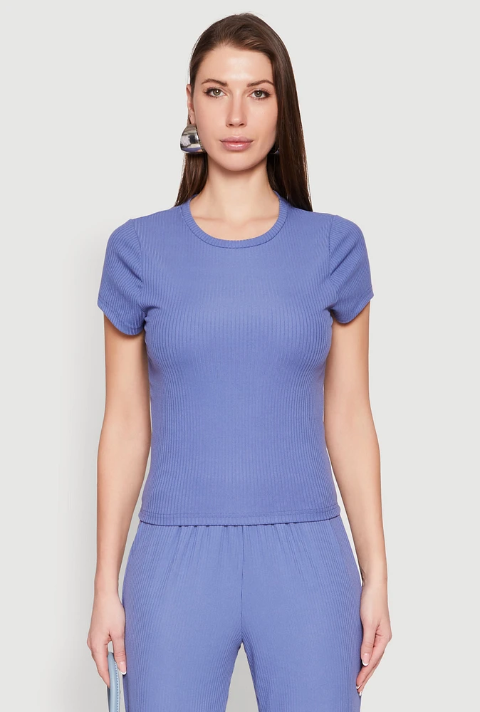 Womens Ribbed Knit Short Sleeve Tee, Blue, Size L