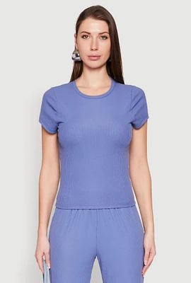 Womens Ribbed Knit Short Sleeve Tee, Blue, Size L