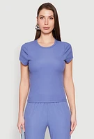 Womens Ribbed Knit Short Sleeve Tee, Blue, Size L