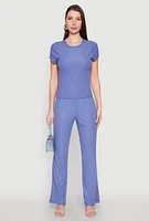 Womens Ribbed Knit Short Sleeve Tee, Blue, Size L