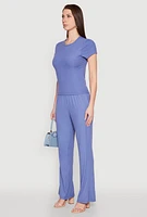 Womens Ribbed Knit Short Sleeve Tee, Blue, Size L