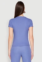 Womens Ribbed Knit Short Sleeve Tee, Blue, Size L
