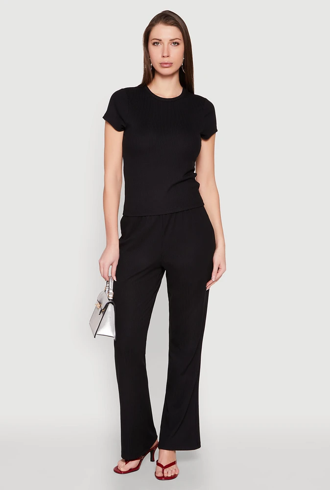 Womens Ribbed Knit Boot Cut Pants,