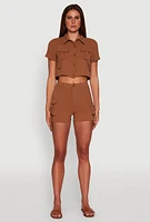 Womens Trendy Crepe Knit High Waisted Cargo Shorts, Brown, Size S