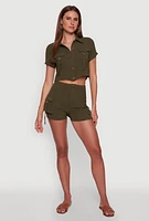 Womens Trendy Crepe Knit High Waisted Cargo Shorts, Green, Size L
