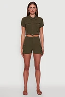 Womens Trendy Crepe Knit High Waisted Cargo Shorts, Green, Size L